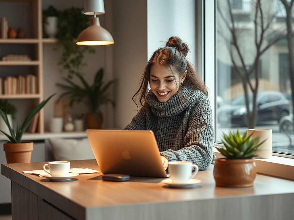 Молодая женщина улыбается, работая за ноутбуком в уютном кафе с растениями и чашками кофе.