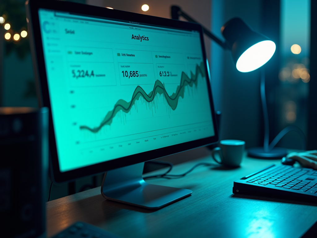 Рабочее место с монитором, на котором отображаются аналитические данные с графиками.