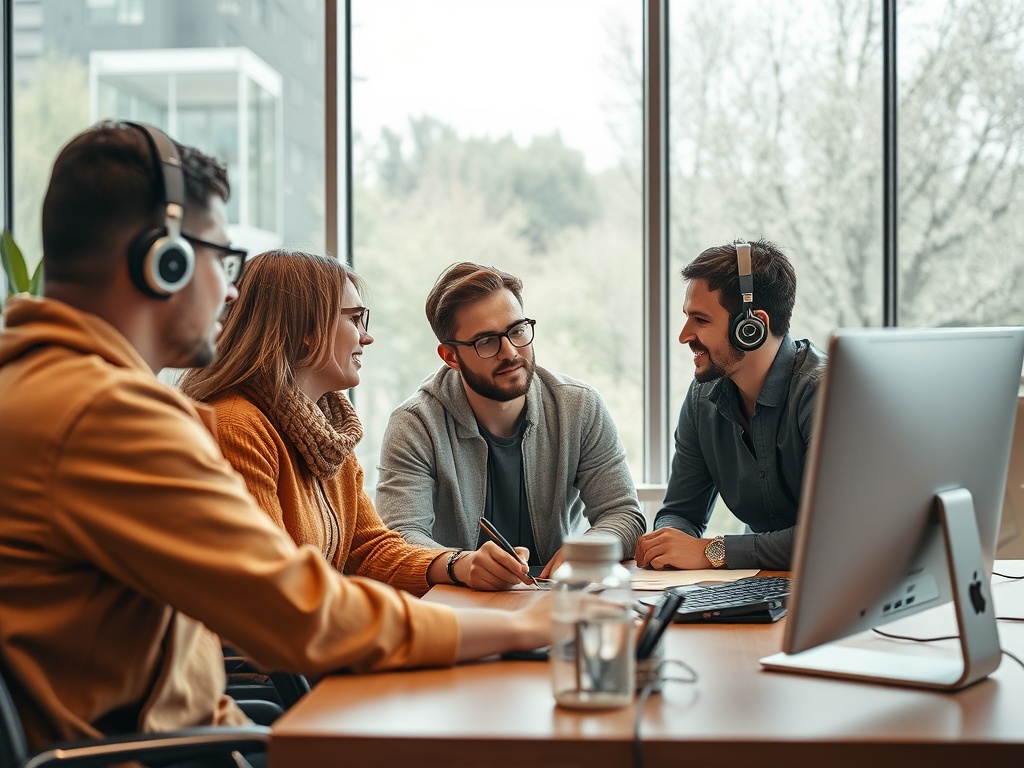 Четыре человека в офисе обсуждают проект за столом, используя компьютеры и наушники. Снаружи виден зеленый ландшафт.