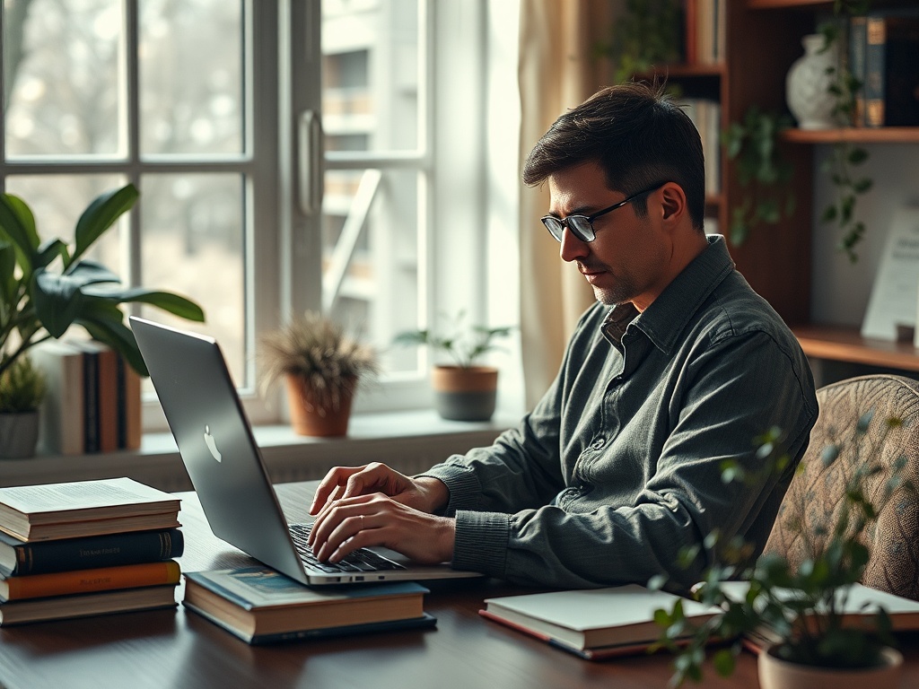 Молодой человек работает за ноутбуком в уютном кабинете с растениями и книгами на столе.