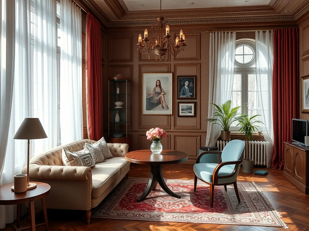 Современная гостиная с диваном, столом, креслом и картиной на стене. Яркий свет из окон.