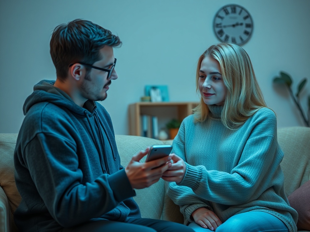 Молодая пара сидит на диване, общаясь друг с другом и смотря на смартфон. В комнате уютный свет.