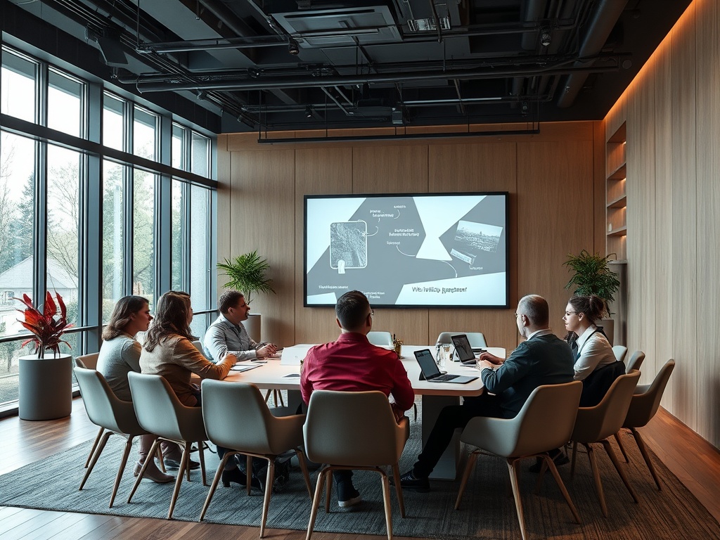 В офисе идет деловая встреча. Участники обсуждают проект, проводя презентацию на экране.