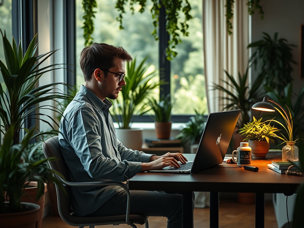 Молодой человек работает за столом с ноутбуком среди зелёных растений и уютного освещения.
