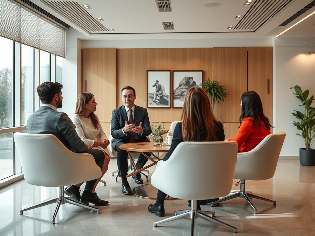 На встрече обсуждают идеи, сидя за круглым столом в современном офисе.