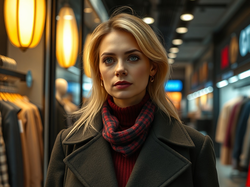 Молодая женщина с блондинистым волосами в тёмном пальто и шарфе стоит в магазине, освещённом тёплым светом.
