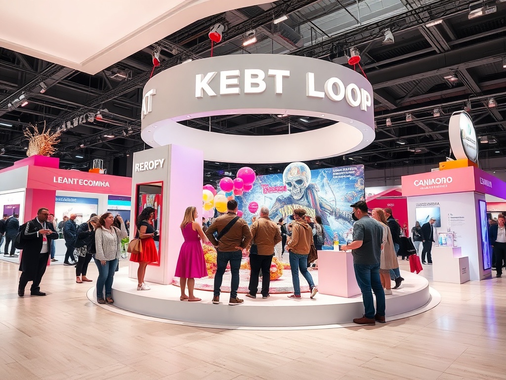 Выставочный стенд с надписью "KEBT LOOP", люди общаются и исследуют представленные товары.