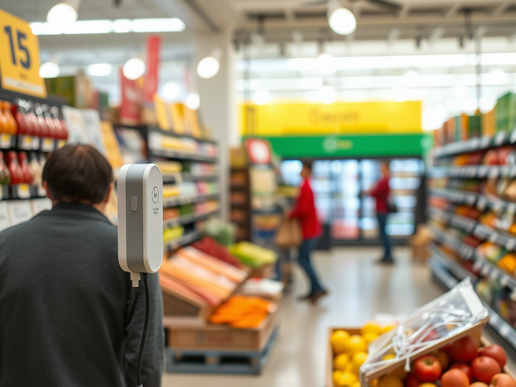 В супермаркете, мужчина стоит спиной, видны полки с продуктами и покупатели на фоне.