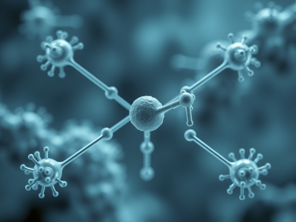 Микроскопическое изображение молекулы с вирусоподобными структурами на фоне.