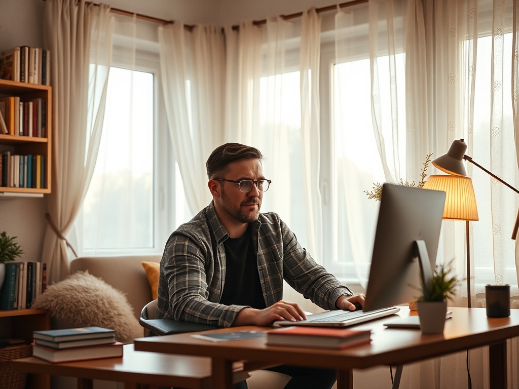 Мужчина работает за компьютером в уютном кабинете с окнами и книгами на полке.