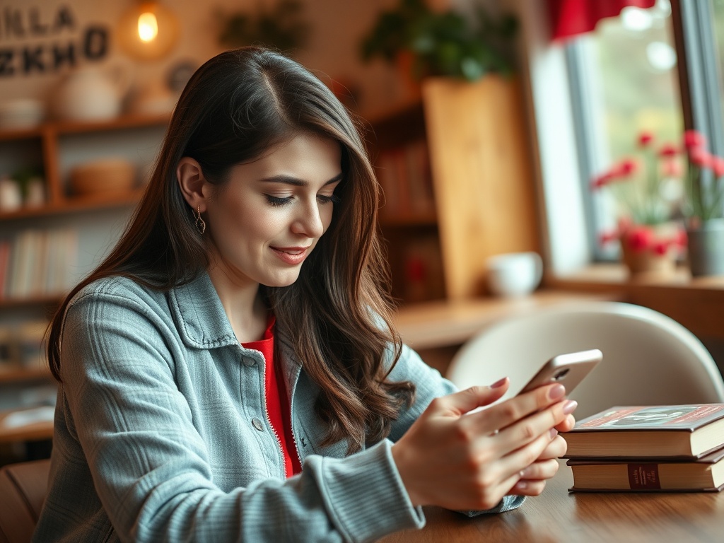 Молодая женщина сидит в кафе, смотрит на телефон и улыбается. На столе книги и уютная обстановка.